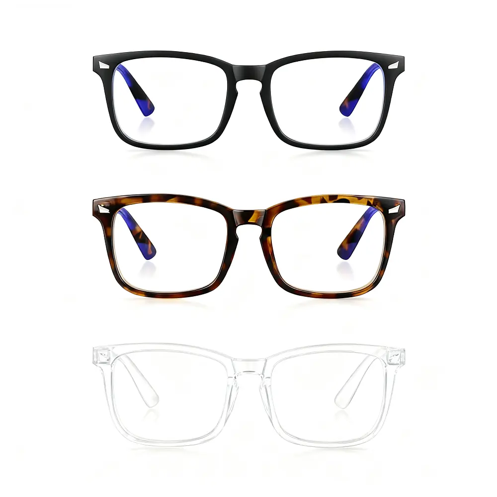 Retro Round Bluelight Glasses, 3-Pack Anti Eyestrain Eyewear with UV & Glare Protection for Gaming or Computer Use (Black/Amber/White)