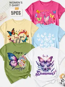 Women's 5-Pack Casual Short Sleeve Crew Neck T-Shirt, Watercolor Sunflower & Bee & Dandelion Print, Multiple Colors, Machine Washable, Spring & Summer Top, Soft Skin-Friendly Fabric, Daily Wear, Fashion Design