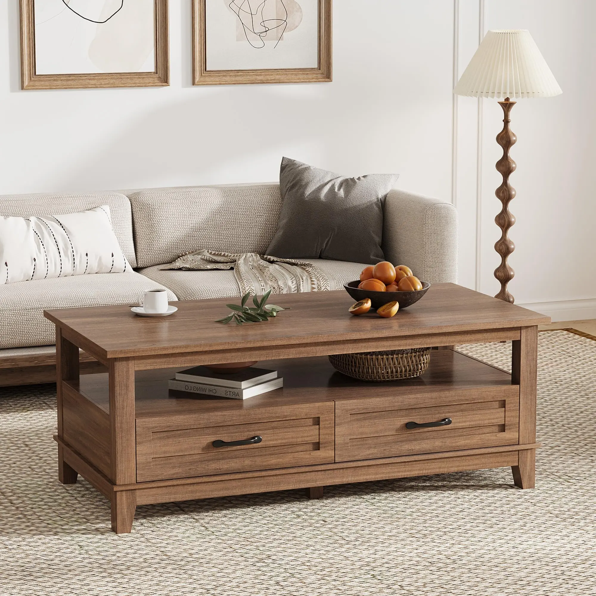 GARVEE Farmhouse Coffee Table Furniture, Rectangle Living Room Center Table with 2 Drawers, Open Storage Shelf, Rustic Brown Living Room Decor