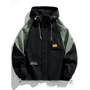 Men's Spring And Autumn WORLD VISION Letter Print Contrast Color Hooded Long Sleeve Zip Up Windbreaker Jacket, Versatile For Outdoors Activities long sleeve soccer jersey workout  sets brazil sweatsuits spain home short-sleeved football shirt women's nba