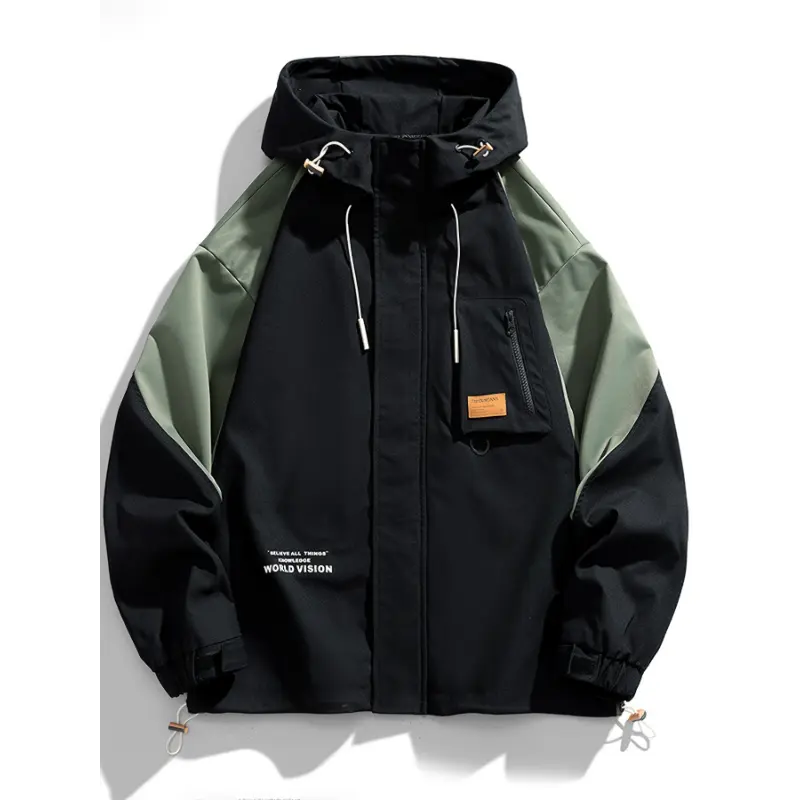 Men's Spring And Autumn WORLD VISION Letter Print Contrast Color Hooded Long Sleeve Zip Up Windbreaker Jacket, Versatile For Outdoors Activities long sleeve soccer jersey workout  sets brazil sweatsuits spain home short-sleeved football shirt women's nba