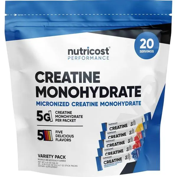 Nutricost Creatine Monohydrate Powder Variety Stickpacks (5 Flavors, 20 Servings) - Micronized, 5 Grams of Creatine Monohydrate Per Pack