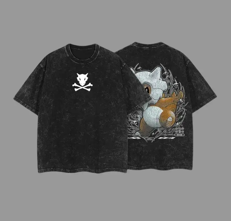 Men's Pocket Monsters "Cubone" Oversized Baggy Loose Vintage Ribbed Seamless Acid Washed Heavyweight Cotton T-shirt - Streetwear Casual Menswear Anime Manga Fan Apparel, Tshirt, Top, Relaxed, Pure Cotton, Round Neck, Cute