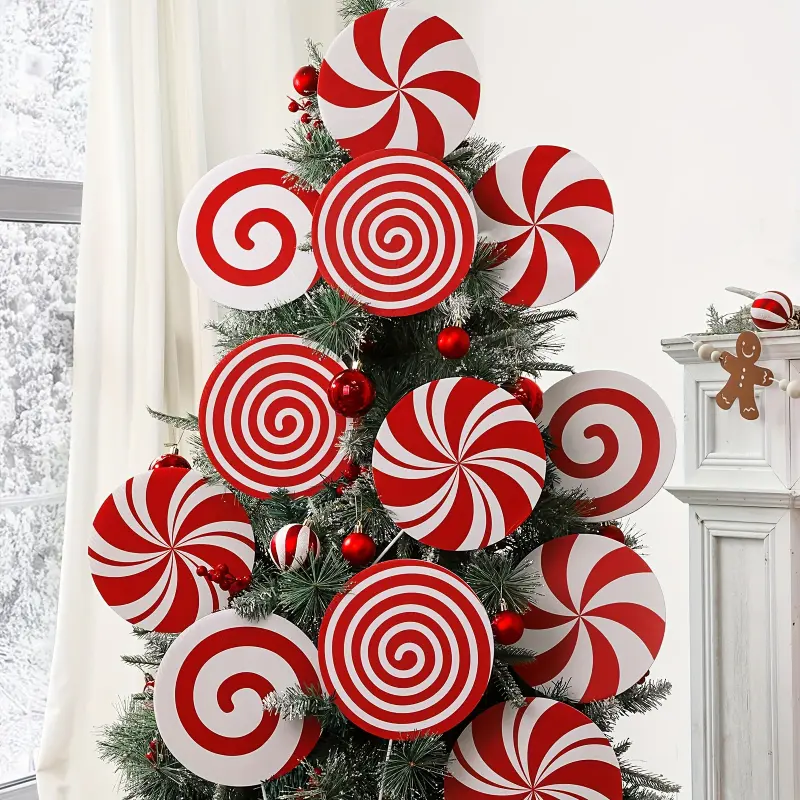 4pcs Large Red and White Peppermint Candy Cane Christmas Tree Ornaments - Plastic, Feather-Free, Non-Electric Decoration for Home, Office