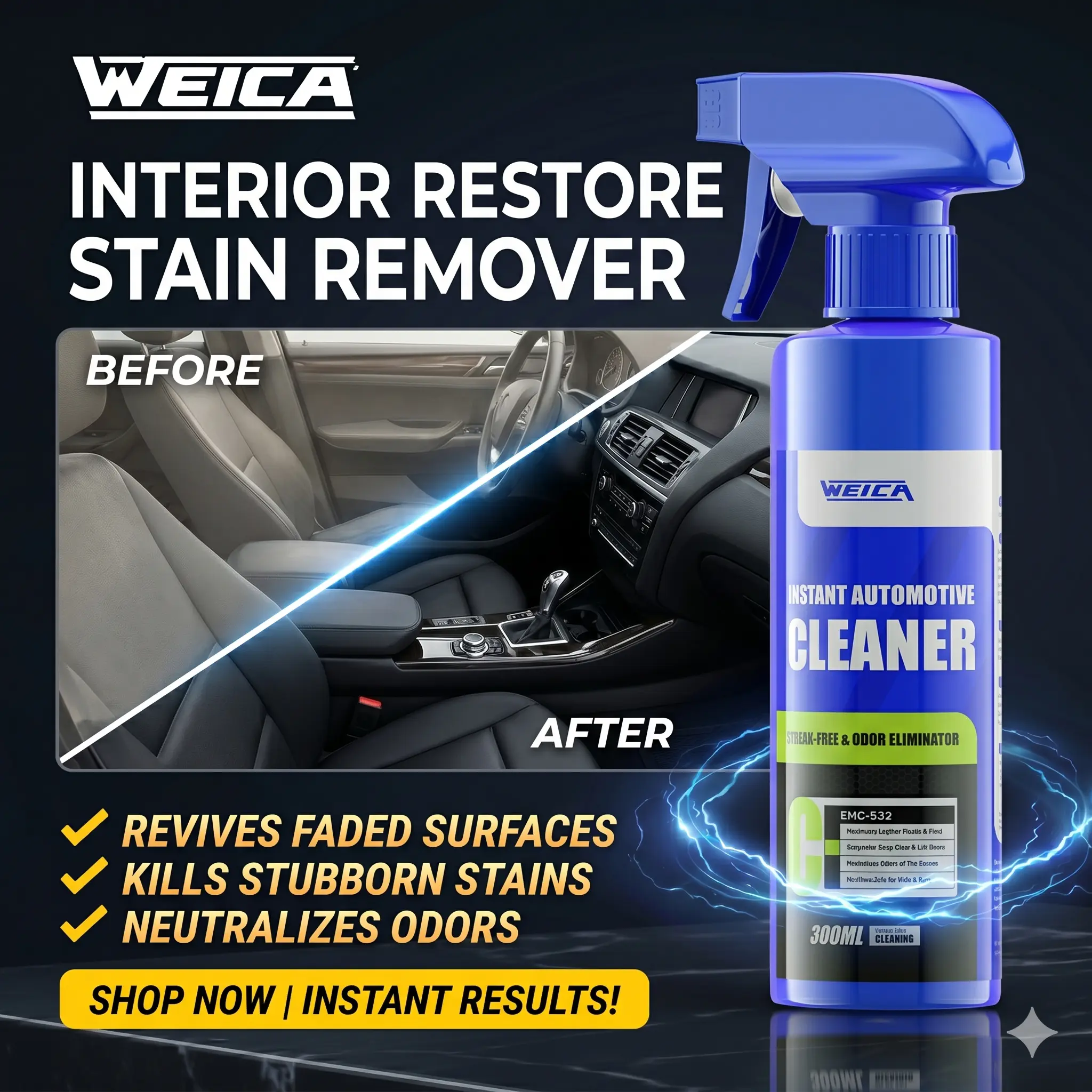 Car Interior Cleaner Spray | Instantly Removes Dirt, Dust, Grease & Stains | Safe for Leather, Vinyl, Plastic & Dashboard | Streak-Free Finish | Eliminates Odors | Quick Detailer for Cars, SUVs & Trucks | Easy Spray & Wipe Formula | 300ML