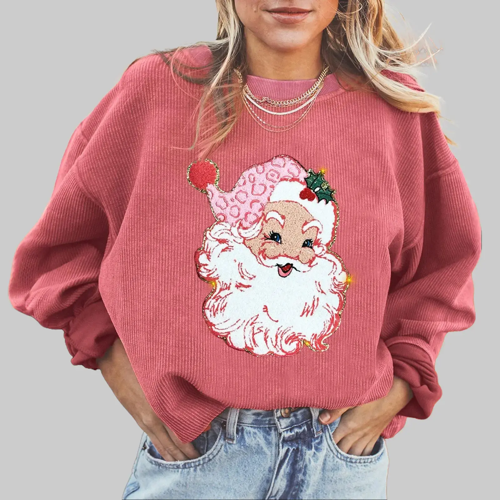 S-3XL Women's Sequin Santa Claus Graphic Corded Ribbed Merry Christmas Festive Crewneck Sweatshirt,MERRY Christmas Chenille Embroidered Corded Sweatshirt,