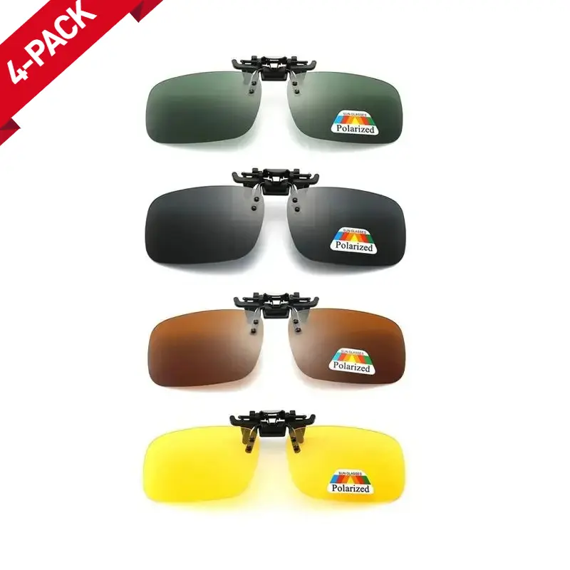 XUH Men's 4-Pack Clip-On Sunglasses, Flip-Up Nylon Frames, Polarised UV380 Anti-Glare UV Protection Lenses, Outdoor Fashion Sunglasses for Driving/OOTD, Hiking, Daily Shades Look