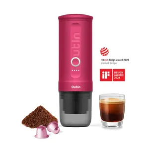 Outin Nano Portable Espresso Machine (Crimson Red)with Self-Heating, 12V/24V 20 Bar Mini Car Coffee Maker, Compatible with NS Capsule & Ground Coffee