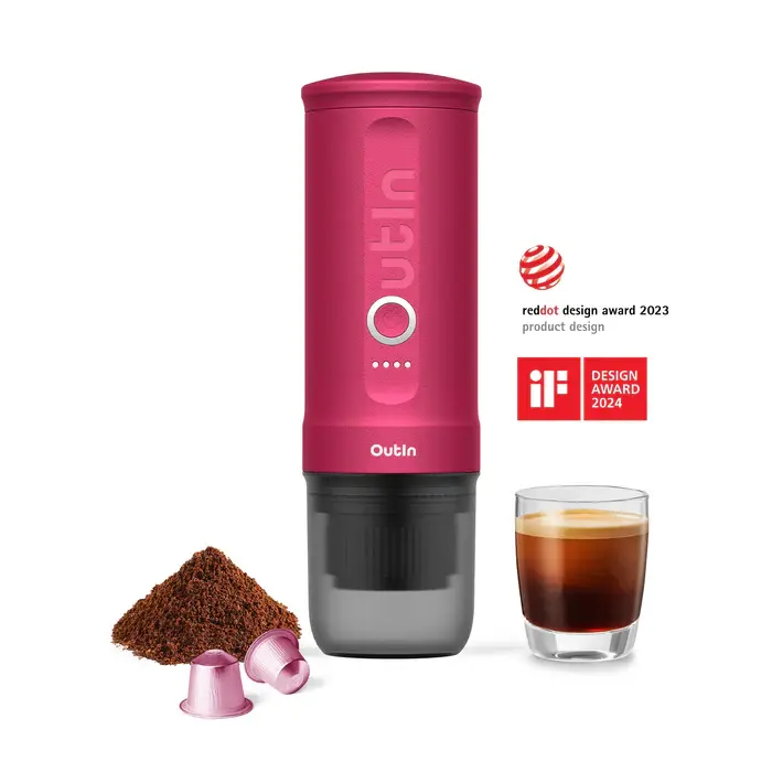 Outin Nano Portable Espresso Machine (Crimson Red)with Self-Heating, 12V/24V 20 Bar Mini Car Coffee Maker, Compatible with NS Capsule & Ground Coffee