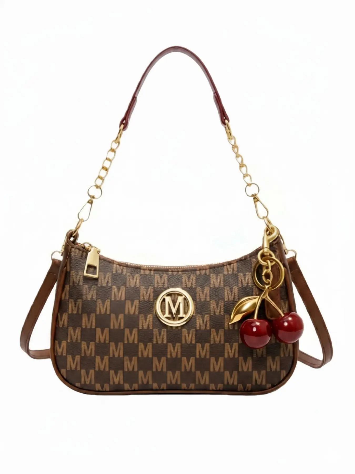 New Fashion Classic PU Waterproof M Letter Design Cherry Keychain Metal Chain Shoulder Crossbody Bag for Shopping and Daily Use, Casual Shoulder Bag, Casual Bags