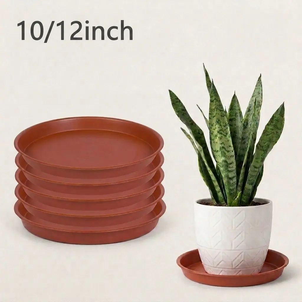 5-Piece Heavy Duty Round Plastic Pot Drip Trays Set - 10-in/12-in Thick Clay-Design Trays, Floor Protection, Waterproof Rim, Prevents Water Leaks/Soil Runoff, Durable Home Supplies for Flowerpots, Indoor/Outdoor Use