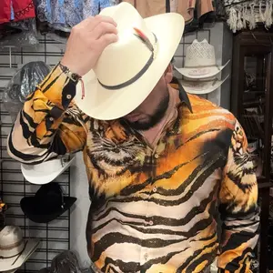 Veneto Rhinestone Long Sleeve Shirt with Tiger Print Design and Rhinestone Embellishments