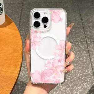 Magnetic TPU Cellphone Casing - Slim-Fit, Shockproof, Drop-Resistance Protector with Romantic Flower Bloom Design for Soft Girl Aesthetic, Accessories for iPhone 11/12/13/14/15/16/17 Pro, ProMax, Plus Devices