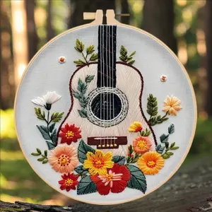 Guitar Flower Embroidery Kit - Beginner-Friendly DIY Sewn Craft Set with English Guide, Embroidery Design, Hand-Stitched Materials for Handkerchiefs, Fashion Accessories, Sewn Embroidery