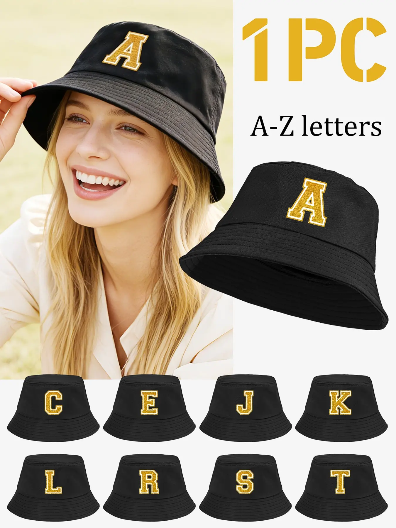 1PC A-Z letter-printed bucket hat, stylish golden letter casual sun hat, Sunscreen hat, Lightweight Sun Hat, suitable for men and women to wear in summer daily, for use on beaches, in the sand and during outdoor activities.