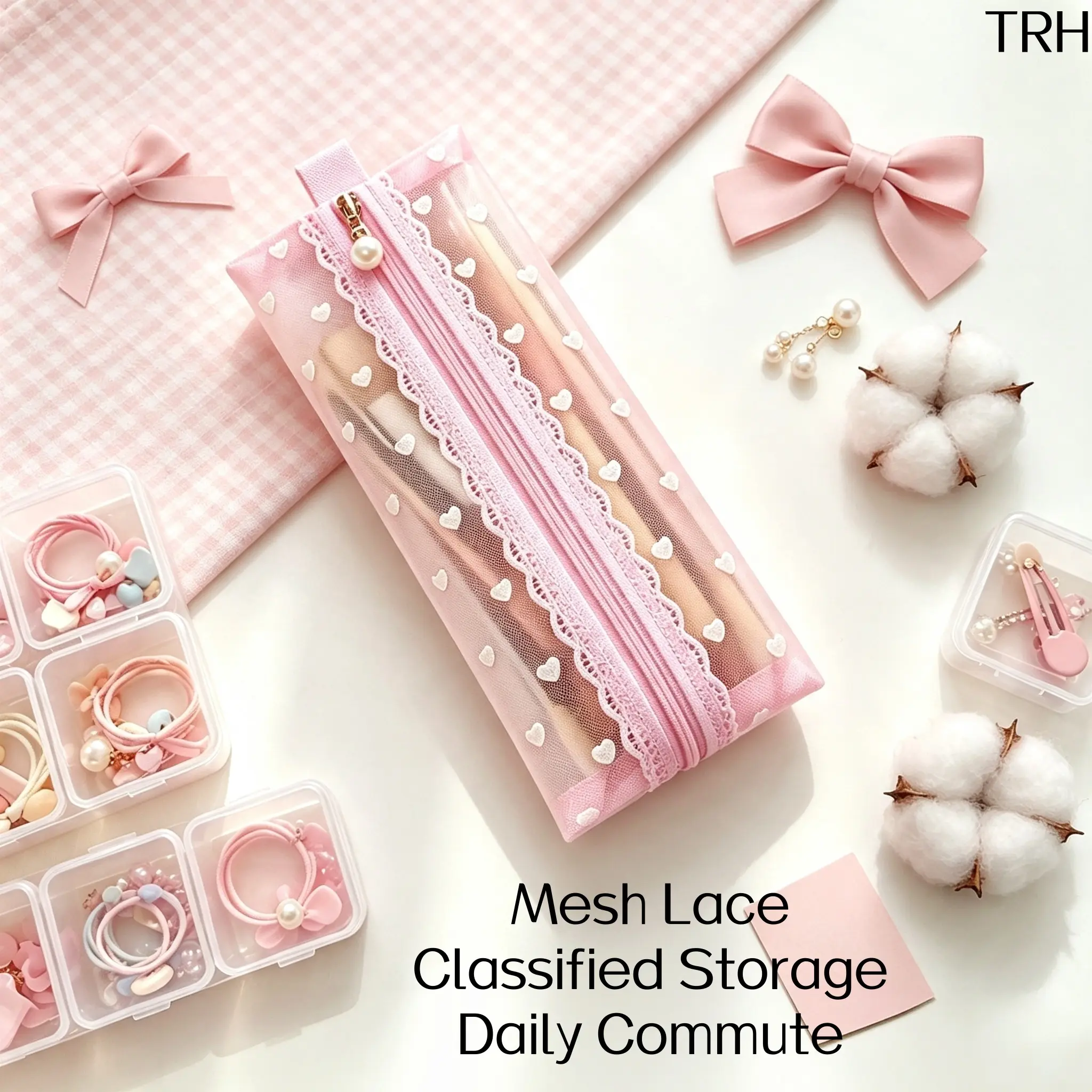 Cute Heart Mesh Transparent Pencil Pouch, Portable Pearl Zipper Small Organizer Case for Stationery Lipstick Eyebrow Pencil, Hangable Design for Backpack Handbag Daily School Travel Use Birthday Gift