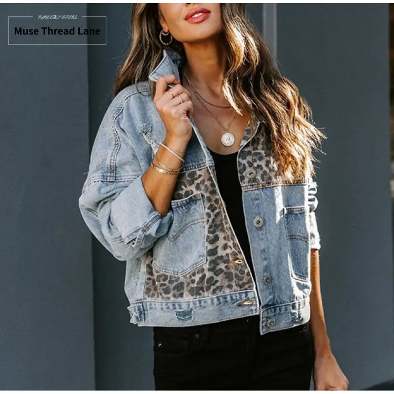 New denim jacket for women, long-sleeved jacket with leopard print patchwork top, Long Sleeve, Coats, Casual, Fashion, Outerwear