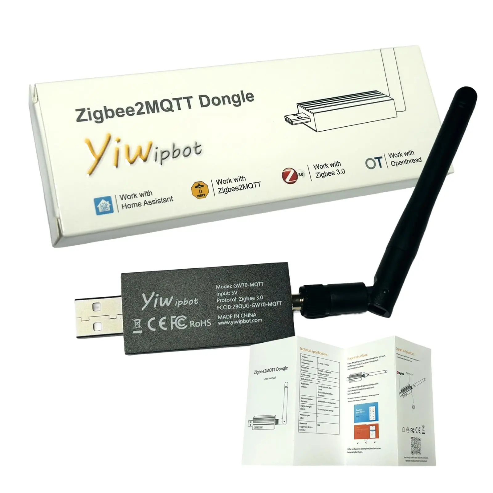 Yiwipbot Zigbee 3.0 USB Dongle-P Plus Gateway, 90CC2652P-CP2102N Dual-Chip USB Device for Zigbee Smart Home Controls, Plug-n-Play, External Antenna, 20dBm Output Gain, Built-in Encryption Engine, Compatible with Home Assistant, OpenHAB