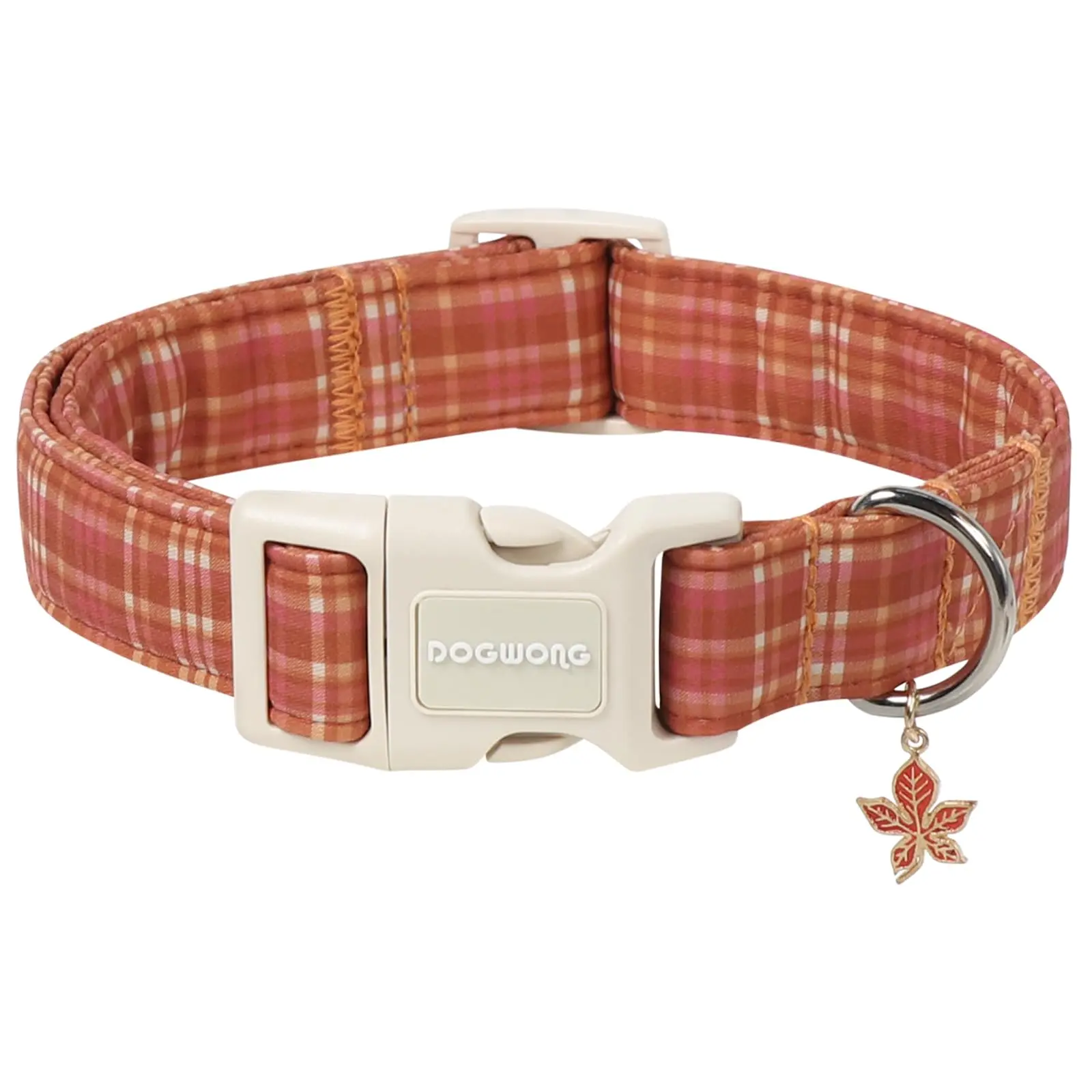 DOGWONG Fall Plaid Dog Collar with Maple Pendant, Lightweight & Adjustable Puppy Durable Necklace with Plastic Buckle for Small, Medium & Large Dogs