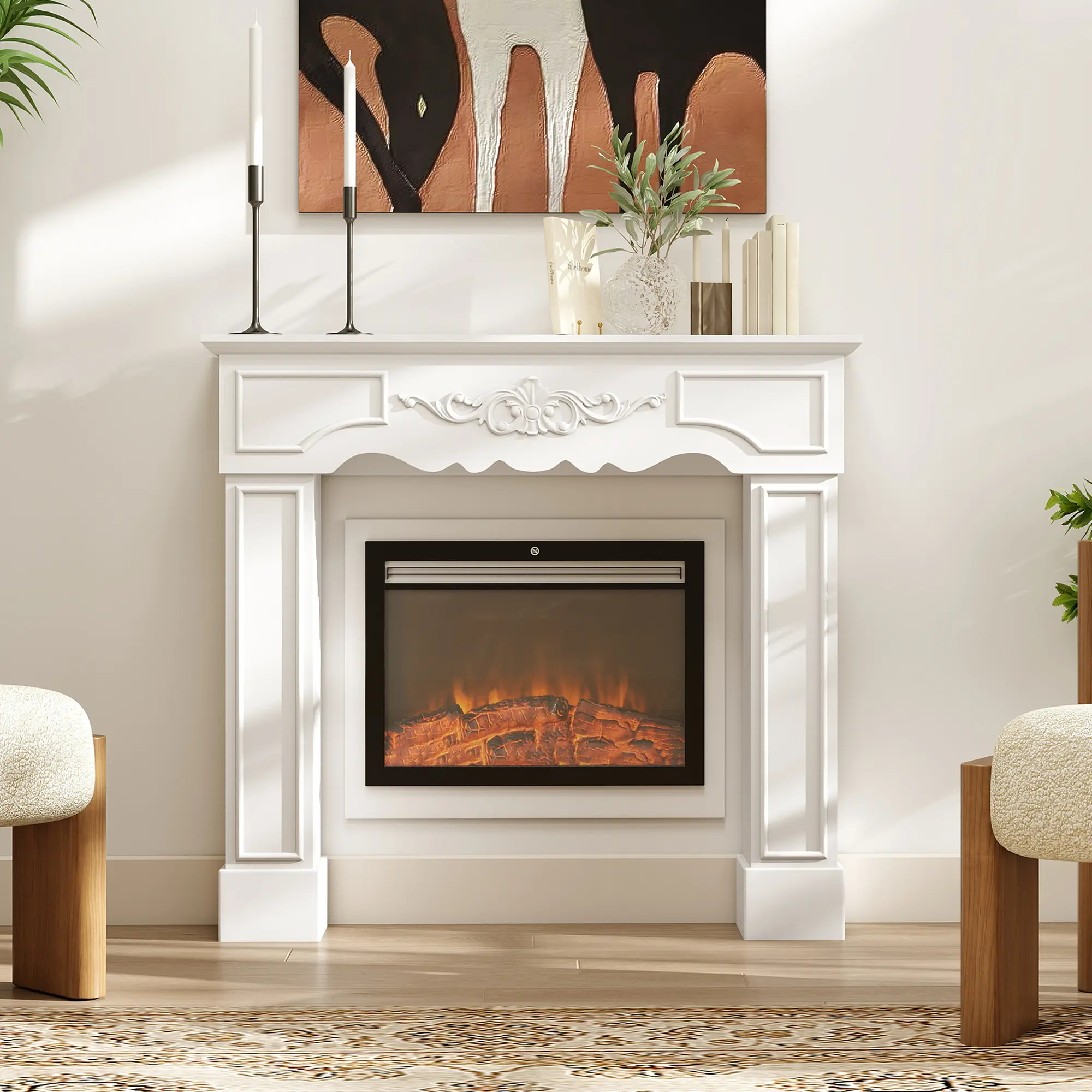 Baroque Freestanding Fireplace Mantel Surround with Leg for Electric Fireplaces, 43.3" W x 39.8" H, White Indoor Furniture TV Stand & Multimedia Centre