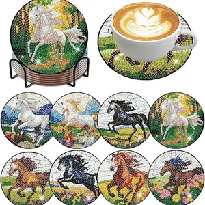 8-piece/diamond art painting coaster set with stand, DIY animal horse pattern diamond art coaster, diamond painting kit for adults and beginners, diamond art craft supplies, exquisite gift for friends