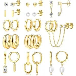Milacolato Women's 13-Pair Hypoallergenic Gold-Plated Huggie Hoop Earrings Set, Dainty Pearl Ear Studs, Stacking Jewelry with Lightweight Fit & Stacked Look for Gifting