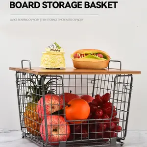 Kitchen Counter Fruit Basket - Large Stackable Basket with Bamboo Lid - Perfect Stand for Storing Fruits, Vegetables, and Fruit Bowls - Keeps Your Counter Elegant, Tidy, with a Hint of Fruit