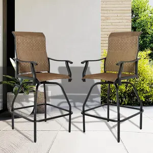 Patio Bar Set 2pcs Swivel Bar Stools Outdoor Bistro Textilene Furniture Stability All-Weather Set (Dark Brown Fabric)