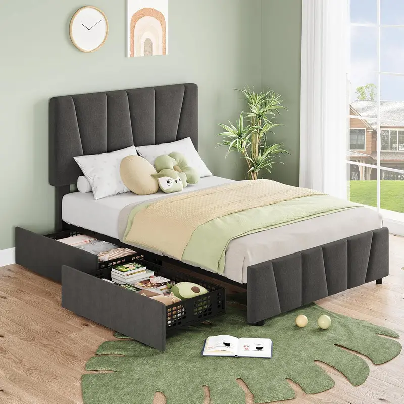 Twin Size Bed Frame with Adjustable Headboard, 2 Storage Drawers, Upholstered Platform Design, Unique Bedroom Furniture Interior,Dark Gray-2 drawers, Bed Frame Assembly, Storage Bed