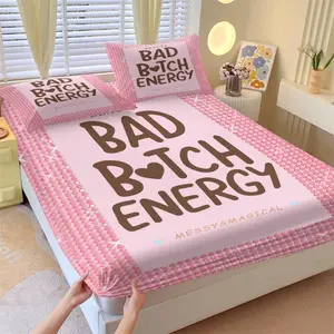 Sweet Cool Personality Print Bedding Set with 2 Pcs Coreless Pillowcases, Pink Rhinestone Border & Bad Bitch Energy Slogan, Durable Comfort, Deep Pocket Non-Slip Mattress Protector, Home Decor Gift Choice, Decorative Bedsheet Sets