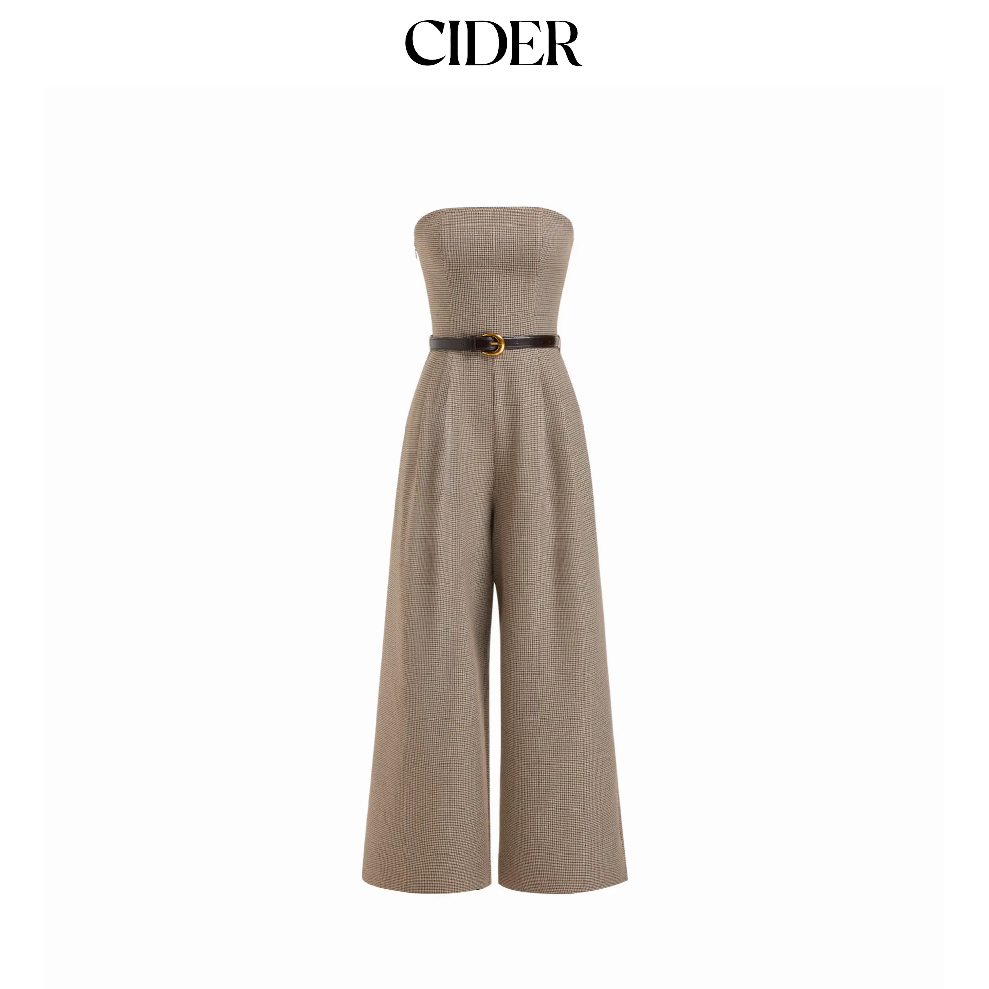 Cider Women's Houndstooth Bandeau Jumpsuit, Casual Wide Leg Overalls with a Shirred Waist and Matching Belt, Casual Jumpsuit, Bandeau Top, Jumpsuit Overalls