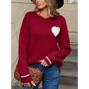 Women's Loose Fit Heart Pattern Knit Sweater, Fall & Winter Casual Round Neck Pullover, Long Sleeve Sweetheart Design, Knitwear