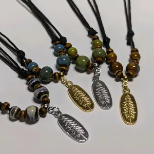 Pine Tree Charm Stainless Steel Ceramic Beaded Silver or Gold Boho Hippie Whimsical Adjustable Black Rope Cord Choker Stacking Necklace