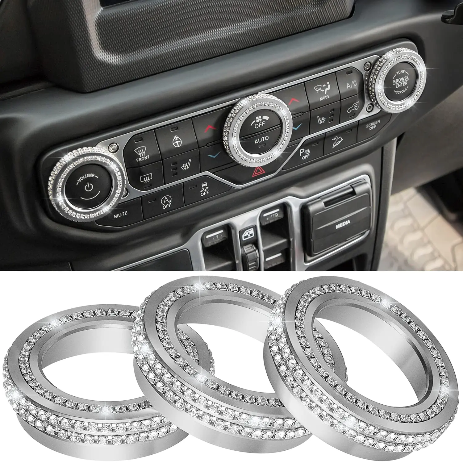 Custom Fit Silver 3PCS Alloy Metal Air Conditioner Switch Knob Covers, Bling Crystal Rhinestone Twist Ring Trim, Car Decorations Automotive Interior Moldings for 2018-2025 Jeep Wrangler JL JLU Gladiator JT (Not Fit for Sports Models), Automotive Interior,