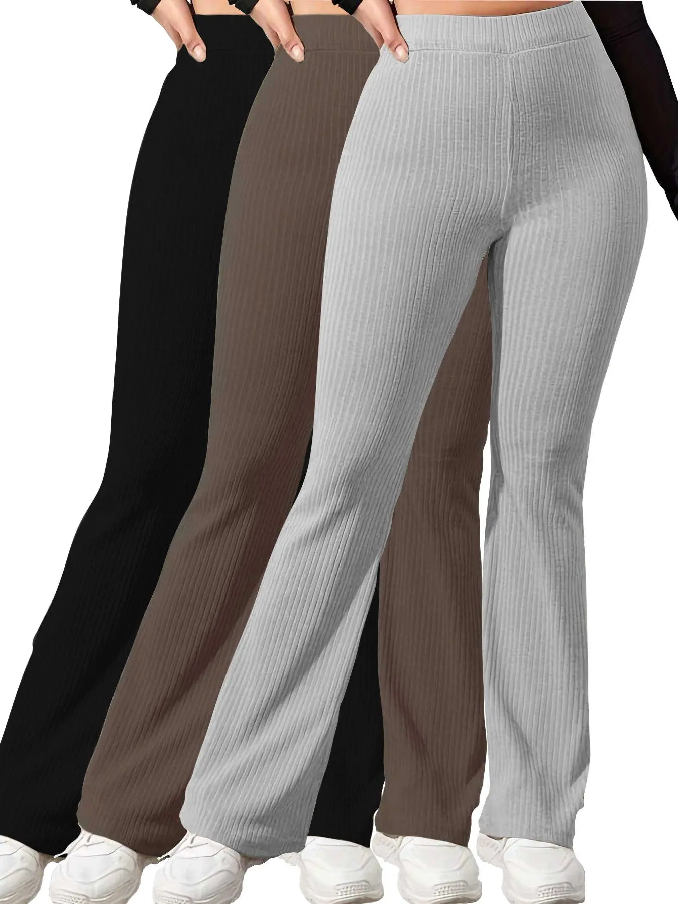 Women's Plain High Waist Ribbed Flare Leg Pants, Casual Comfy Elastic Waist Wide Leg Bell Bottom Trousers for Summer, Rib Flares Pants, Ladies Bottoms for Daily Wear Rib Flares
