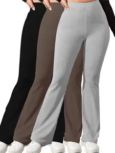 Women's Plain High Waist Ribbed Fabric Flare Leg Wide Leg Pants, Casual Comfy Elastic Waist Bell Bottom Trousers for Summer, Rib Flares Pants, Ladies Bottoms for Daily Wear Rib Flares