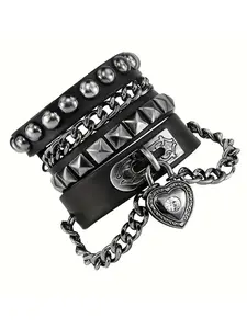 Punk Style Heart & Spiked Design Bracelet Set, Stackable Bracelets, Trendy Stack Bangle, Fashion Jewelry for Party, Daily Clothing Decor, Trendy All-match & Exquisite Jewelry for Birthday Gift