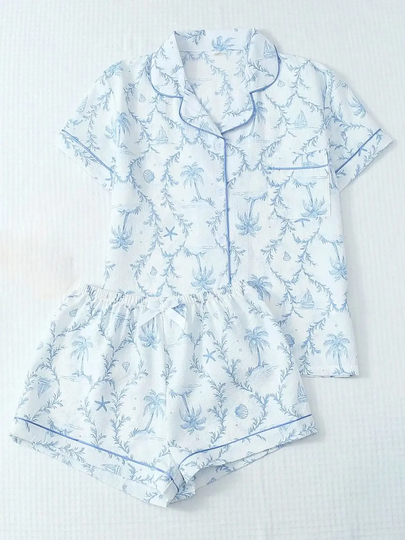 Women's Oceanic Starfish Print Printed Pajama Set Pjs Loungewear, Casual Short Sleeve Shirt with Pocket, Elastic Waist Shorts, All-Seasons Sleepwear Loungewear Pajamas Set