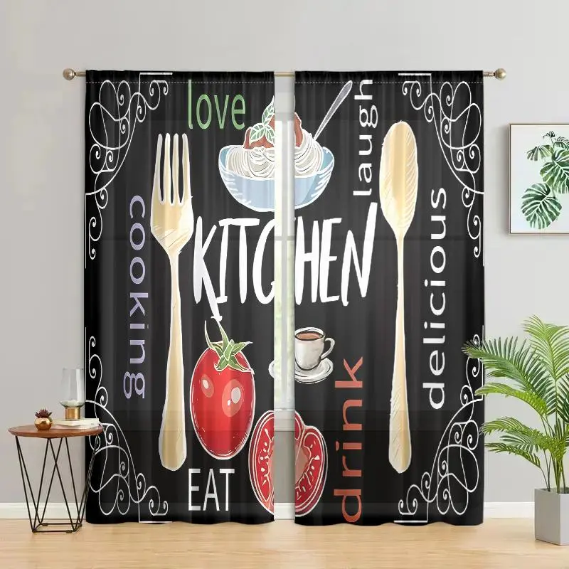 Kitchen Themed Pattern Curtain, 2 Counts/set Retro Farmhouse Style Curtain, Home Decorative Curtain for Bedroom, Living Room, Kitchen, Dining Room, Home Decoration Curtain, Interior Decoration Accessories, Kitchen Curtains