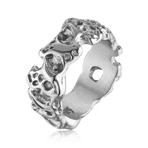 HZMAN Irregular Potholed Ring for Men Women Peculiar Stainless Steel Silver Ring Biker Wedding Cocktail Party Jewelry