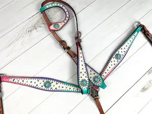 Ombre Pink, Purple, Teal Leather Hide Tack Set