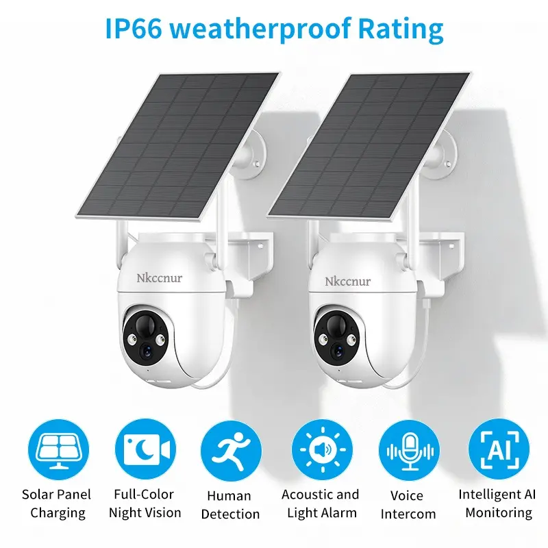 NKCCNUR 2pcs Outdoor Waterproof Solar Powered Camera,  Smart Motion Detection, Two-Way Audio, IP66 Waterproof, Ideal for Home & Farm Use.