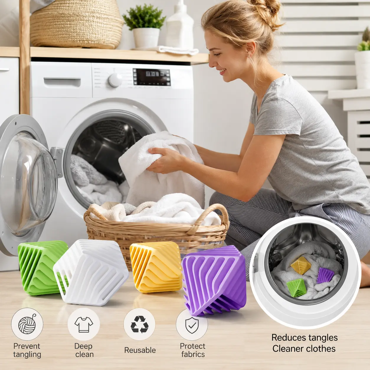 4 Counts, mixed color laundry balls, reusable grooved soft TPR, for washing machine to reduce clothing tangling for daily household laundry use