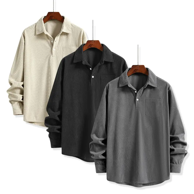 Men’s retro corduroy long-sleeve polo shirt with lapel collar, loose fit, half placket, solid color, casual with pockets—ideal for everyday wear and commuting, easy to pair, versatile. Top Plain