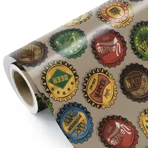 Bottle Cap Gift Wrap Paper Roll, Multi-Color Beer Hat Pattern, Men's Birthday Gift Wrapping, DIY Craft Decoration, 43.2cm X 500cm