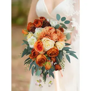 Rinlong 11.8 inch wide Burnt Orange Cascading Bridal Bouquet Flower Decor Cream Roses