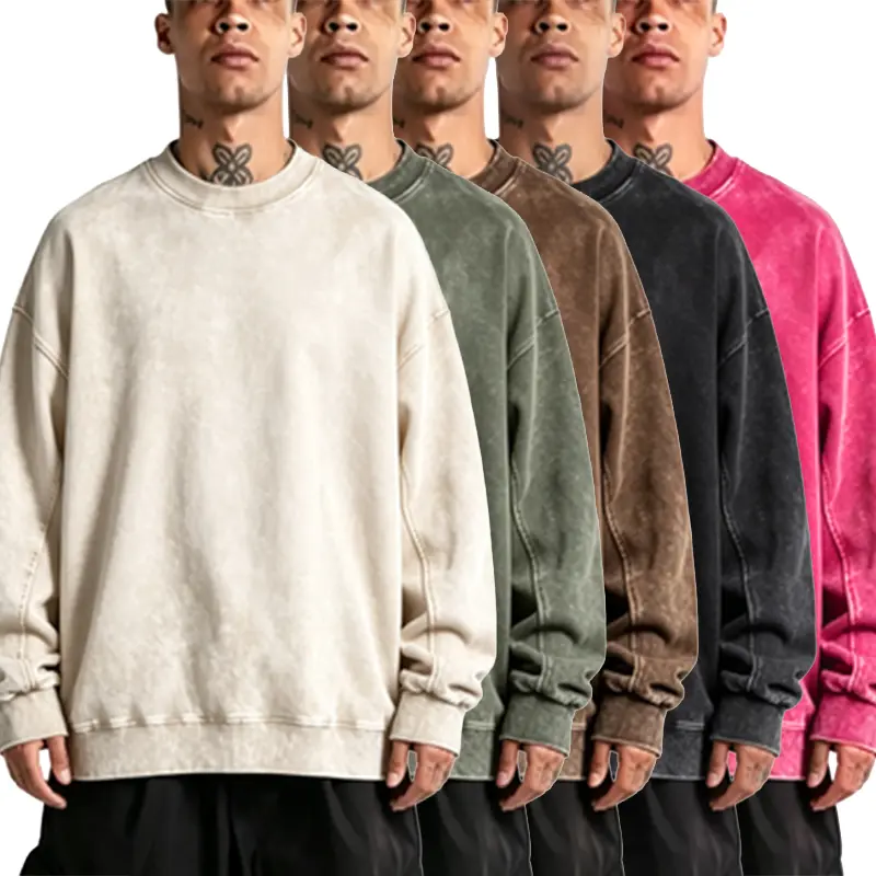 Retro acid-wash crewneck sweatshirt, loose Y2K millennium silhouette, high-stretch thickened ribbed collar/cuffs/hem, washed fade vintage texture, unisex in five colors wardrobe winter fall clothes male clothing casual fashion
