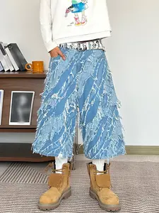 New Men's Loose Jeans, Blue Patchwork Distressed Wide Leg Seven-Eighths Pants, Summer Hip-Hop Streetwear Style, Multiple Sizes Available