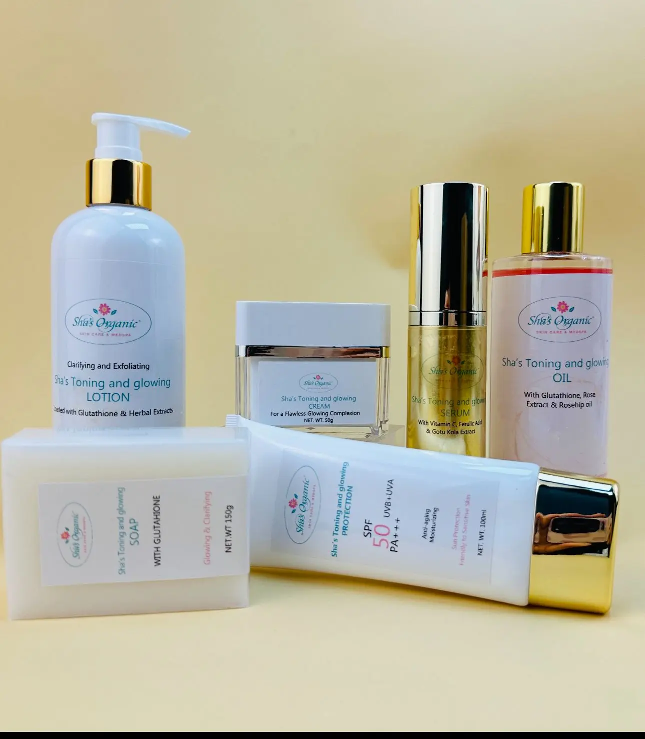 Sha's Organic Skincare 6-Piece Brightening Face & Body Kit - Includes SPF 50 Sunscreen, Glutathione Soap & Hydrating Lotion for All Skin Types, Moisturizer, Pack, Treatment Kit, Body Care Set, Glow Up Challenge, Aesthetic Glow, 300Ml, Multi-Pack, Brighten