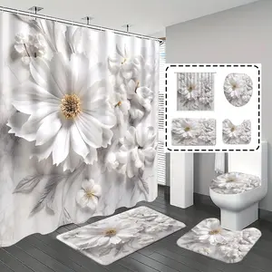 Bathroom Curtains Shower Set, Shower Curtain Sets, Elegant Shower Curtain, Aesthetic Shower Curtain, Decorative Shower Curtain, Flower Pattern, Simple Luxurious Theme Decoration, Includes Bathroom Rug Mat & 12 Hooks